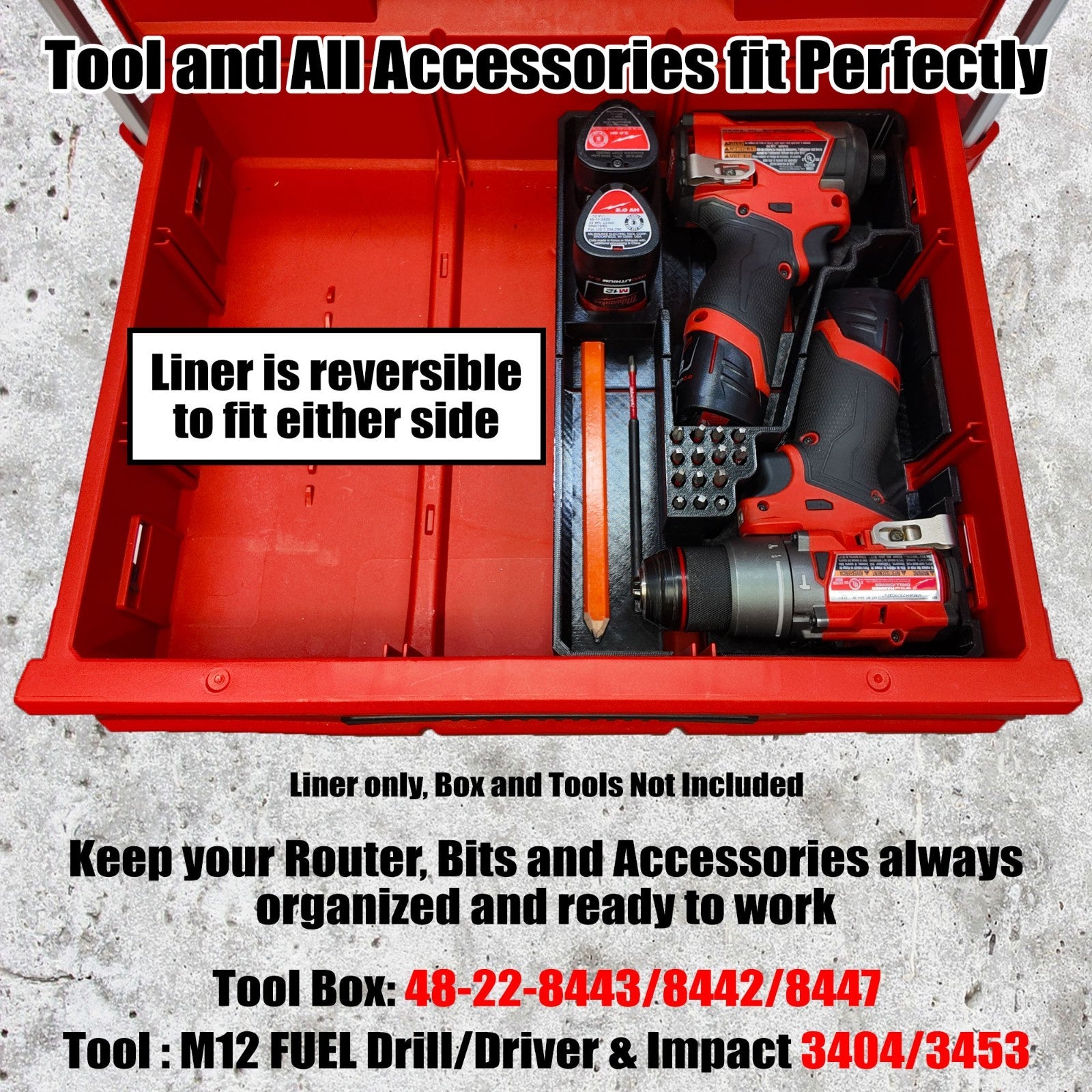M12 Fuel Drill Impact Organizer Milwaukee Drawer 2 Tools 3 Batteries PETG USA